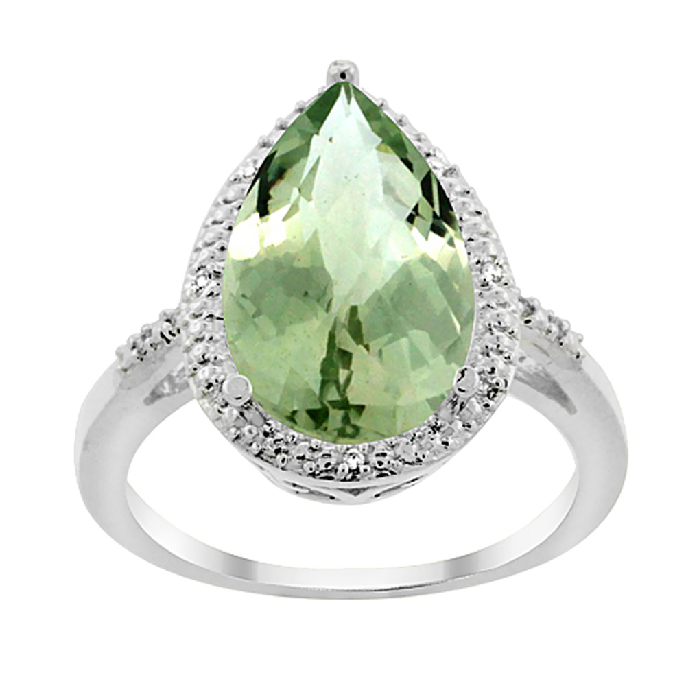 10K White Gold Genuine Green Amethyst Ring Pear Shape 10x15 mm Diamond Accent sizes 5 - 10