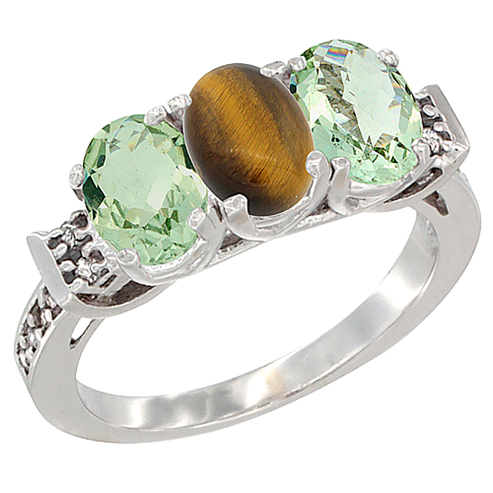 10K White Gold Natural Tiger Eye & Green Amethyst Sides Ring 3-Stone Oval 7x5 mm Diamond Accent, sizes 5 - 10