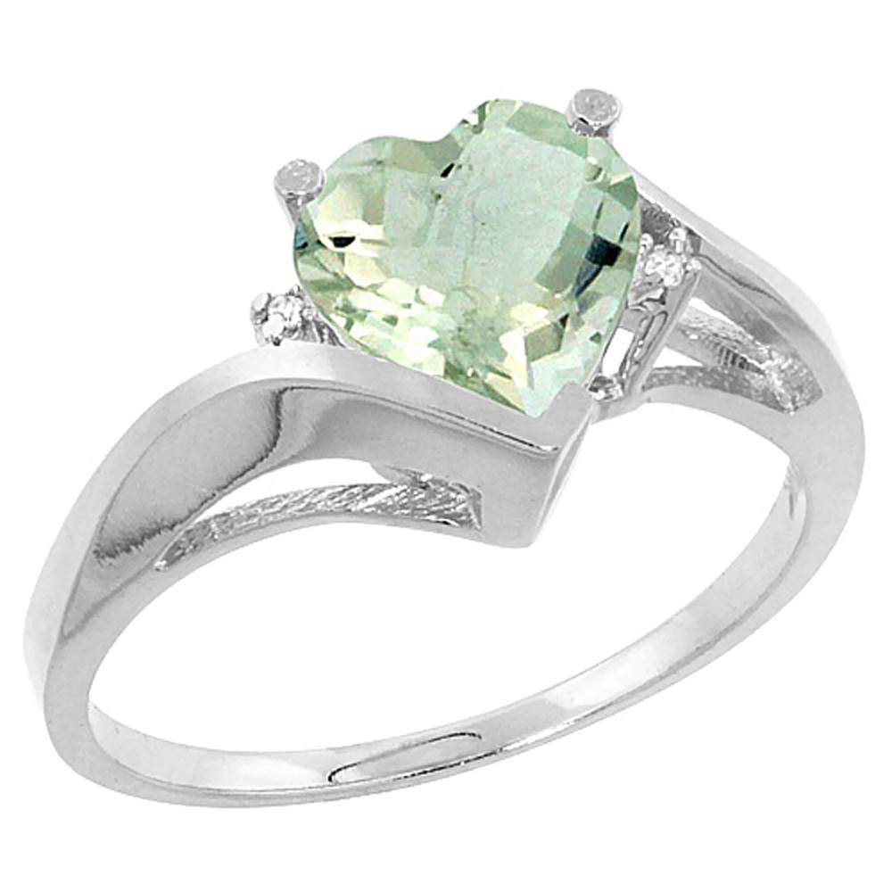 14K White Gold Natural Green Amethyst Heart Ring 7mm Diamond Accent, sizes 5 - 10