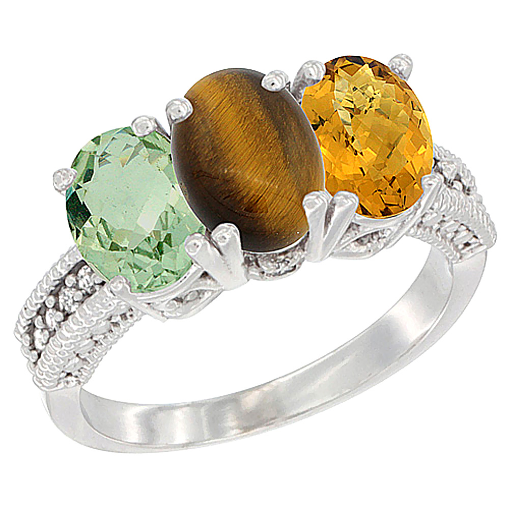 14K White Gold Natural Green Amethyst, Tiger Eye & Whisky Quartz Ring 3-Stone 7x5 mm Oval Diamond Accent, sizes 5 - 10