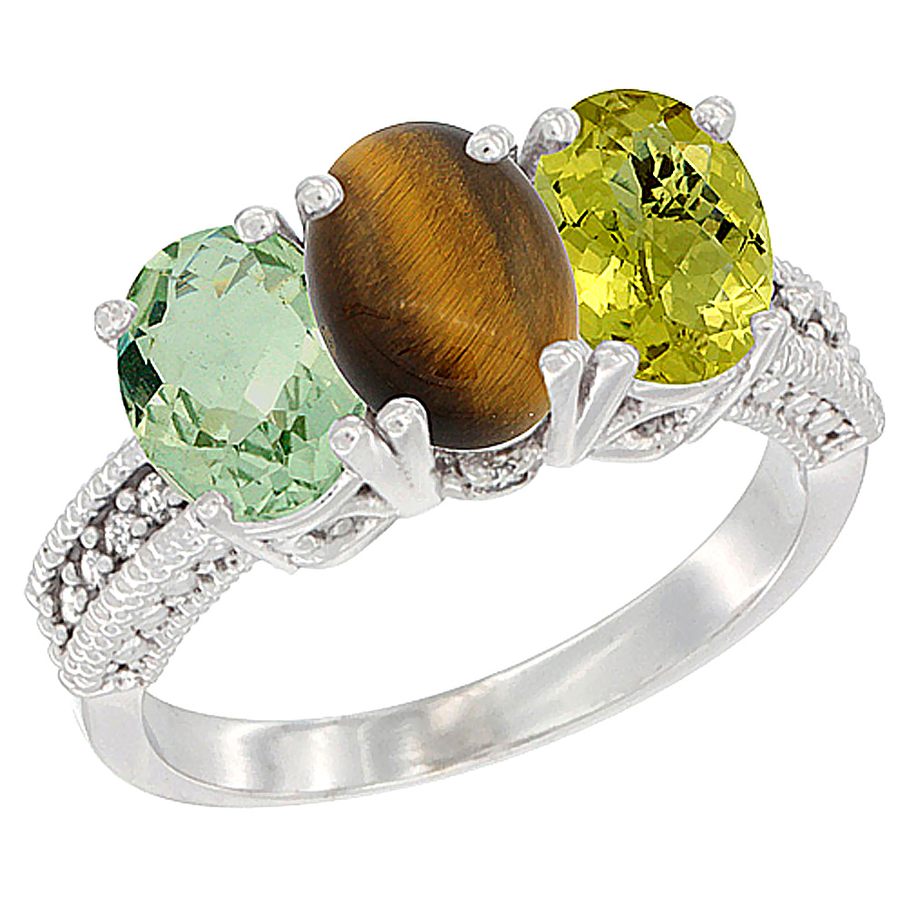 14K White Gold Natural Green Amethyst, Tiger Eye & Lemon Quartz Ring 3-Stone 7x5 mm Oval Diamond Accent, sizes 5 - 10