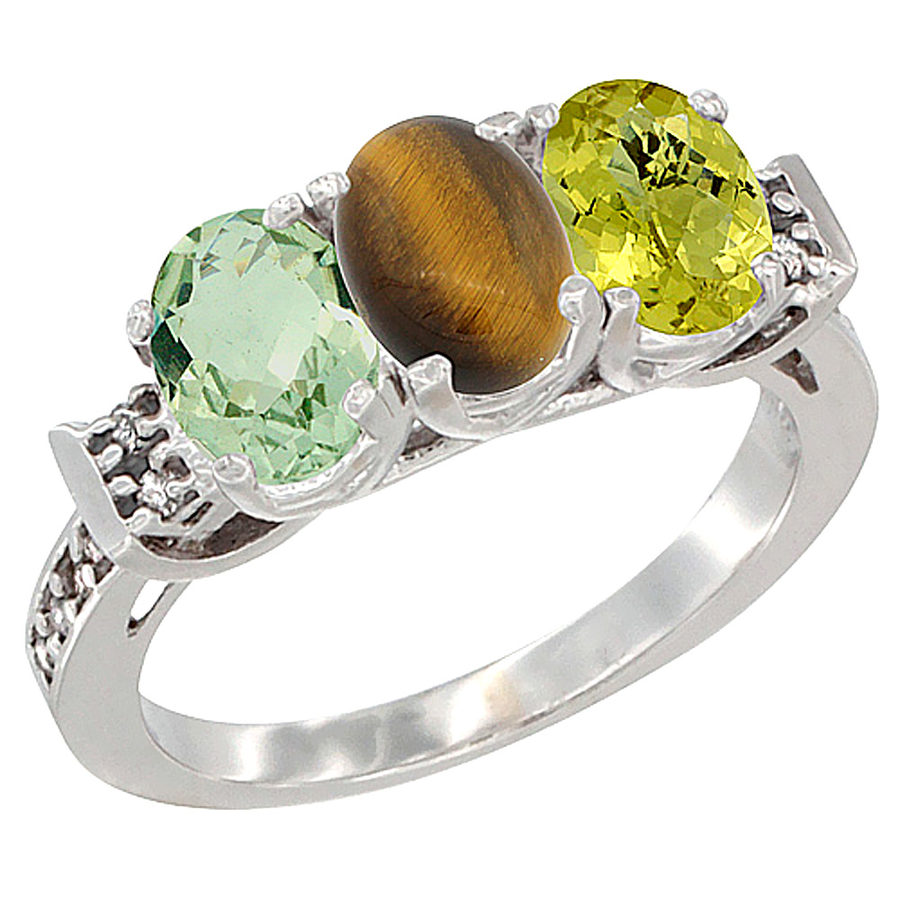 10K White Gold Natural Green Amethyst, Tiger Eye &amp; Lemon Quartz Ring 3-Stone Oval 7x5 mm Diamond Accent, sizes 5 - 10