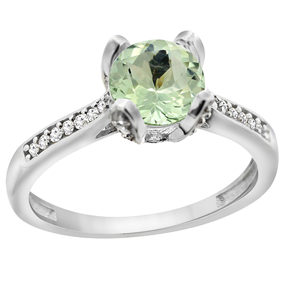 14K White Gold Diamond Natural Green Amethyst Engagement Ring Round 7mm, sizes 5 to 10 w/ half sizes