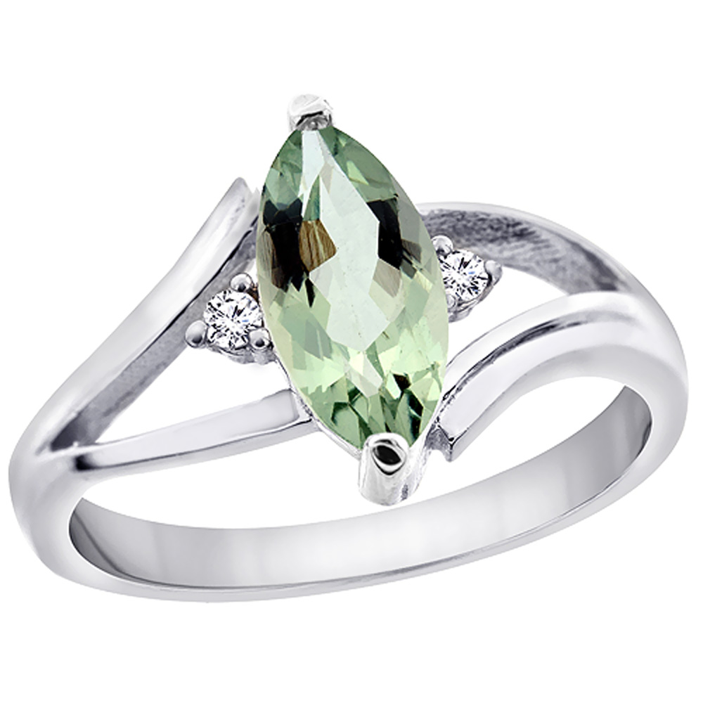 14K White Gold Natural Green Amethyst Ring Marquise 10x5mm Diamond Accent, sizes 5 - 10 with half sizes