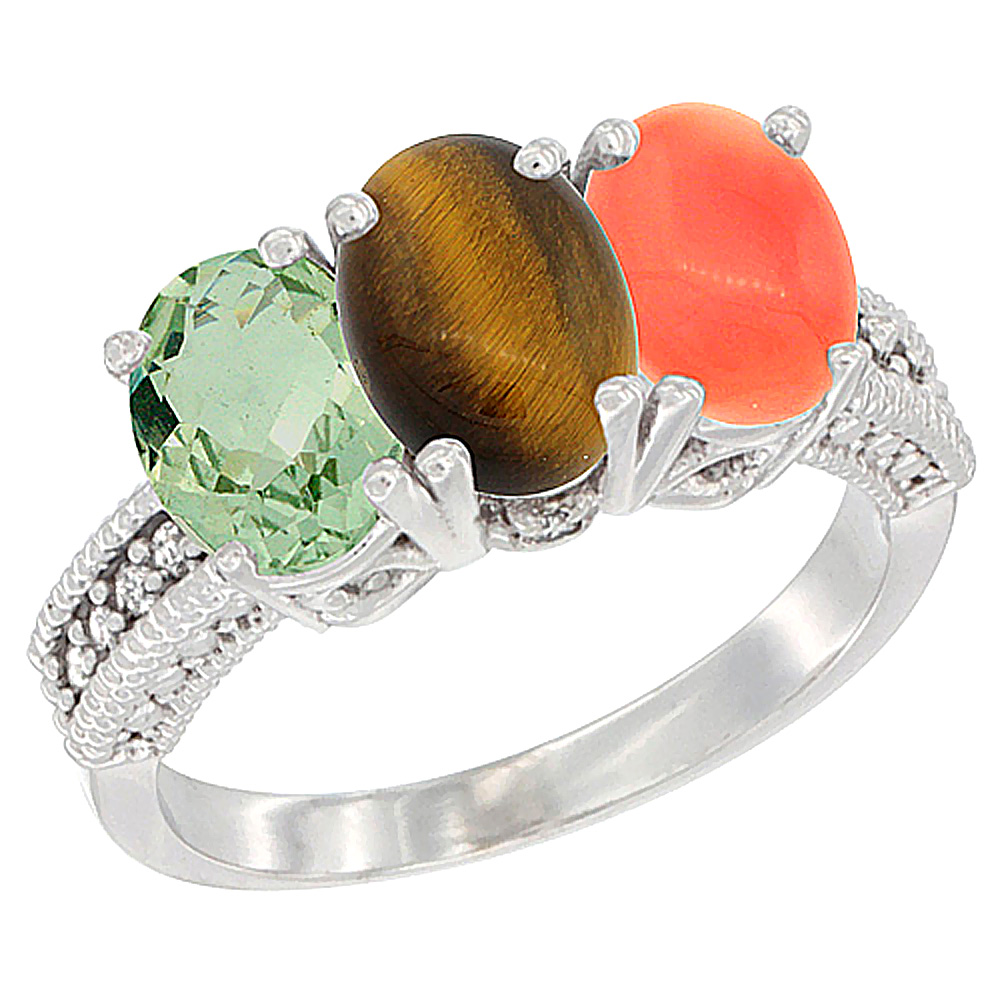 14K White Gold Natural Green Amethyst, Tiger Eye & Coral Ring 3-Stone 7x5 mm Oval Diamond Accent, sizes 5 - 10
