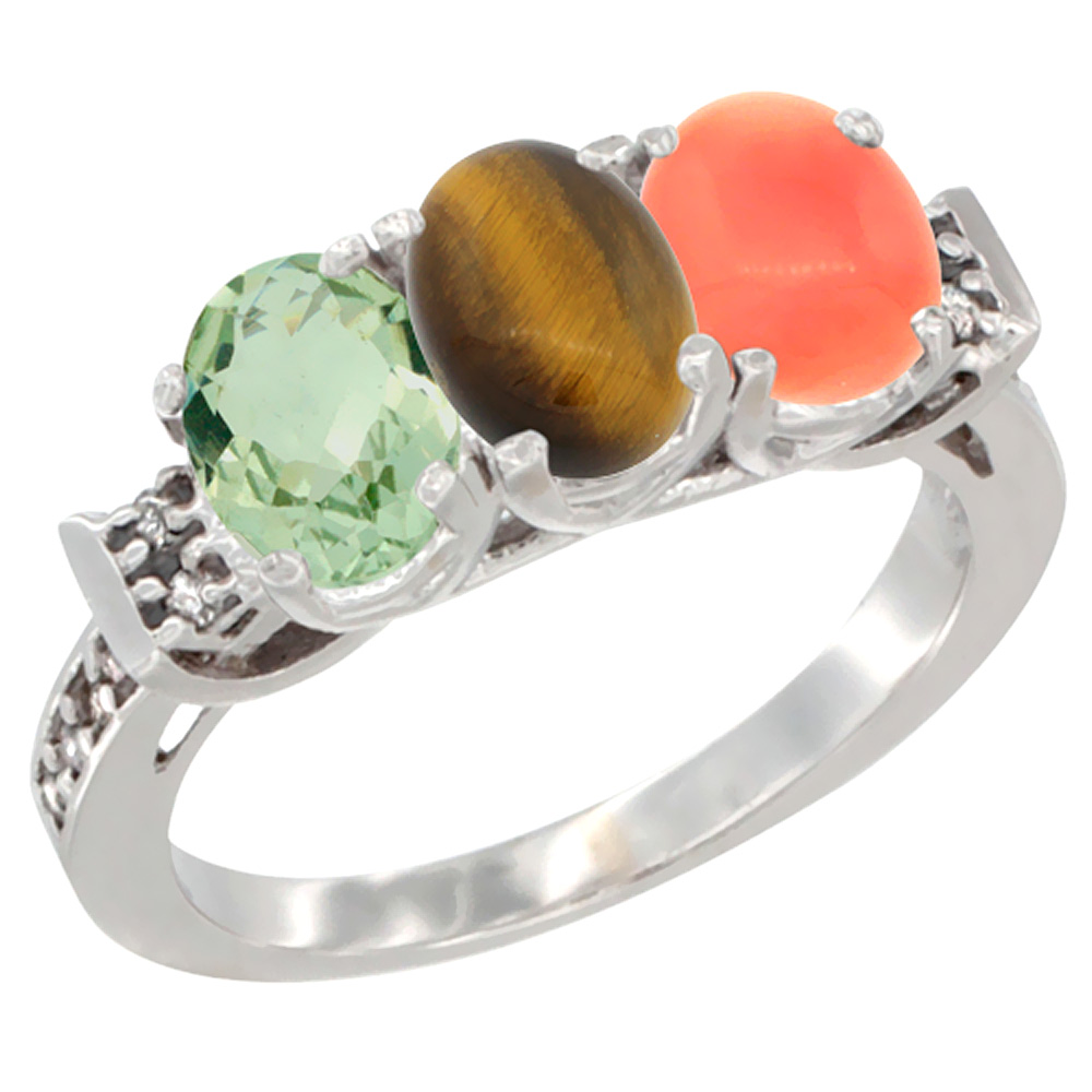 10K White Gold Natural Green Amethyst, Tiger Eye & Coral Ring 3-Stone Oval 7x5 mm Diamond Accent, sizes 5 - 10