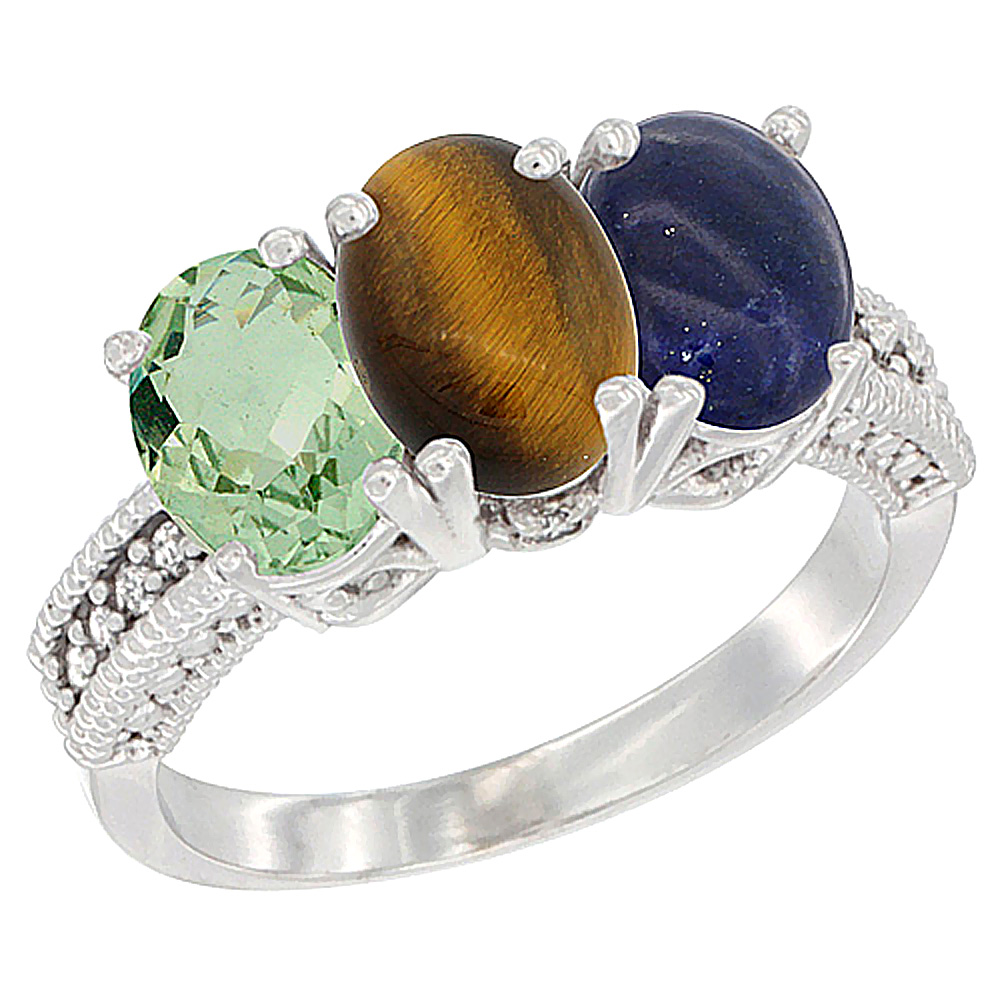 10K White Gold Natural Green Amethyst, Tiger Eye & Lapis Ring 3-Stone Oval 7x5 mm Diamond Accent, sizes 5 - 10