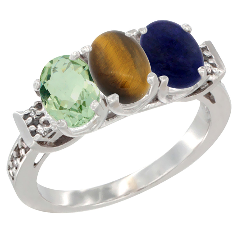 14K White Gold Natural Green Amethyst, Tiger Eye & Lapis Ring 3-Stone 7x5 mm Oval Diamond Accent, sizes 5 - 10