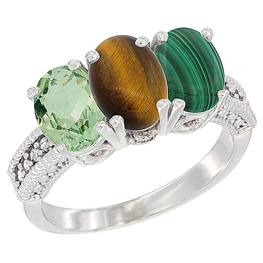 10K White Gold Natural Green Amethyst, Tiger Eye &amp; Malachite Ring 3-Stone Oval 7x5 mm Diamond Accent, sizes 5 - 10
