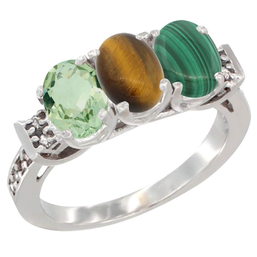 14K White Gold Natural Green Amethyst, Tiger Eye &amp; Malachite Ring 3-Stone 7x5 mm Oval Diamond Accent, sizes 5 - 10