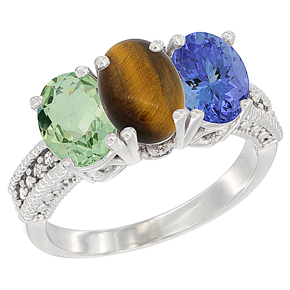 14K White Gold Natural Green Amethyst, Tiger Eye & Tanzanite Ring 3-Stone 7x5 mm Oval Diamond Accent, sizes 5 - 10