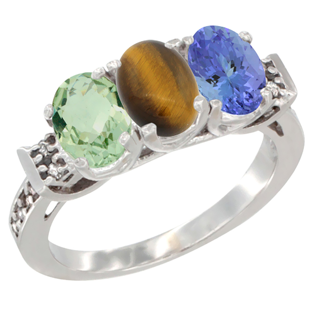 14K White Gold Natural Green Amethyst, Tiger Eye & Tanzanite Ring 3-Stone 7x5 mm Oval Diamond Accent, sizes 5 - 10