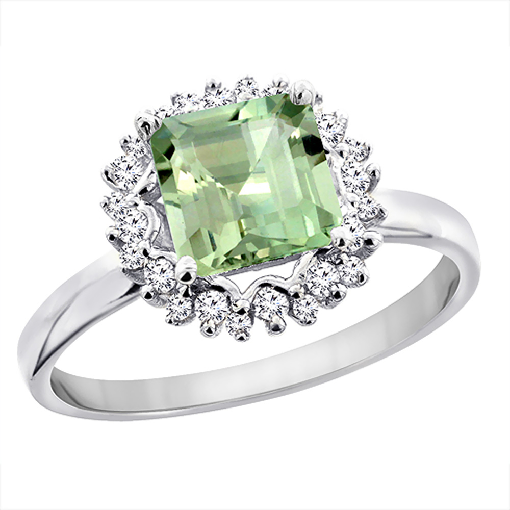 14K White Gold Natural Green Amethyst Ring Square 6x6 mm Diamond Accents, sizes 5 - 10
