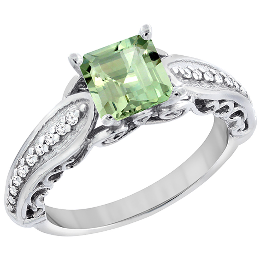 14K White Gold Natural Green Amethyst Ring Square 8x8mm with Diamond Accents, sizes 5 - 10