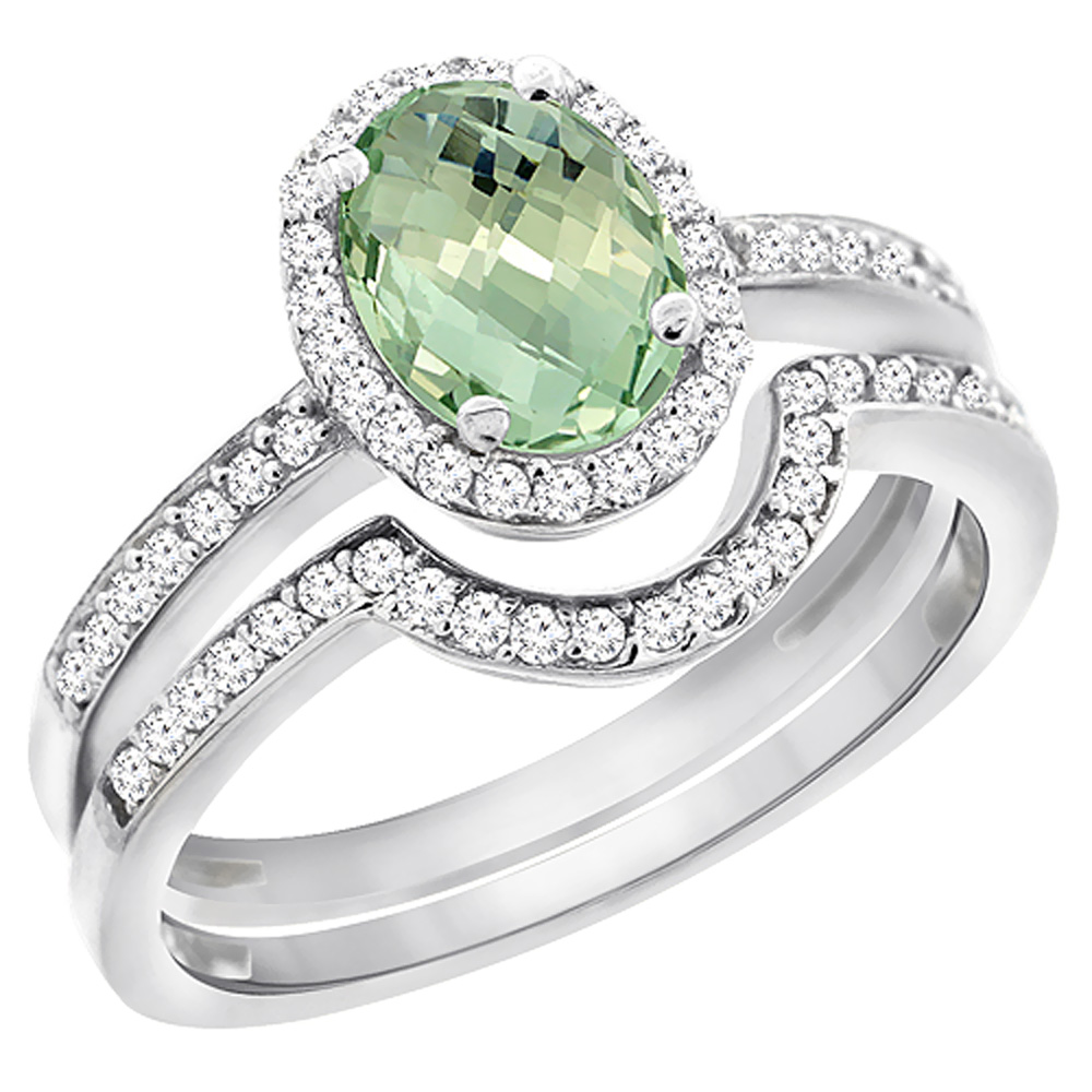 10K White Gold Diamond Genuine Green Amethyst 2-Pc. Engagement Ring Set Oval 8x6 mm sizes 5 - 10