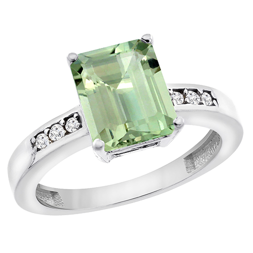 10K White Gold Natural Green Amethyst Octagon 9x7 mm with Diamond Accents, sizes 5 - 10