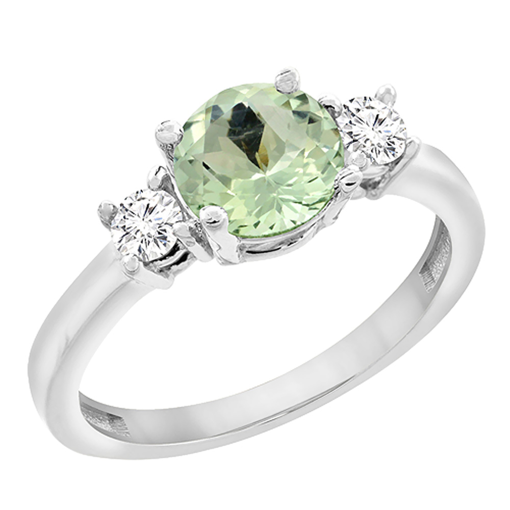 14K White Gold Diamond Natural Green Amethyst Engagement Ring Round 7mm, sizes 5 to 10 w/ half sizes