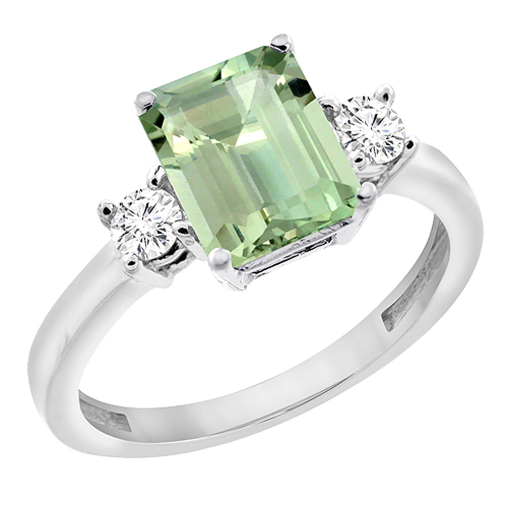 10K White Gold Genuine Green Amethyst Ring Octagon 8x6 mm with Diamond Accents sizes 5 - 10