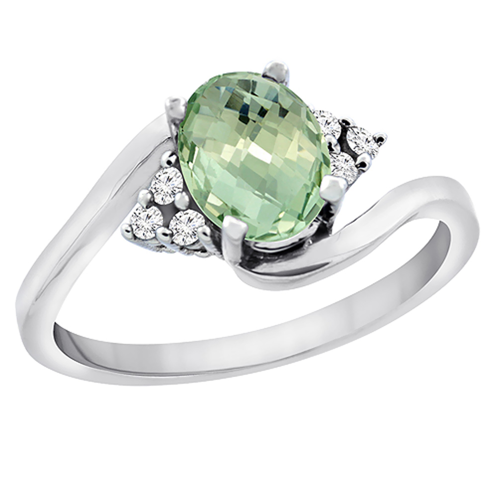 10K White Gold Diamond Genuine Green Amethyst Engagement Ring Oval 7x5mm sizes 5 - 10
