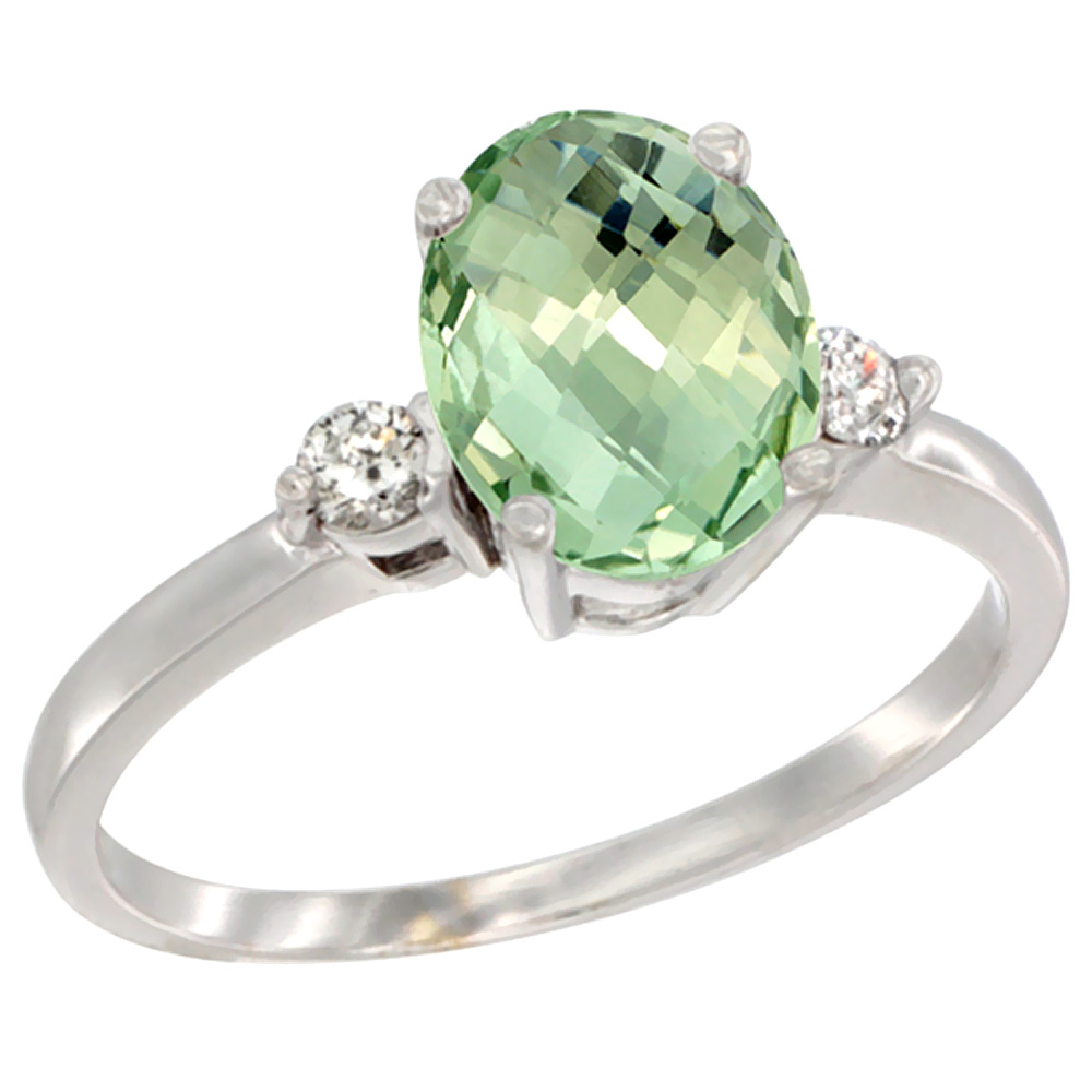 14K White Gold Natural Green Amethyst Ring Oval 9x7 mm Diamond Accent, sizes 5 to 10