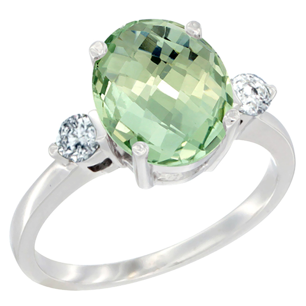 10K White Gold 10x8mm Oval Natural Green Amethyst Ring for Women Diamond Side-stones sizes 5 - 10