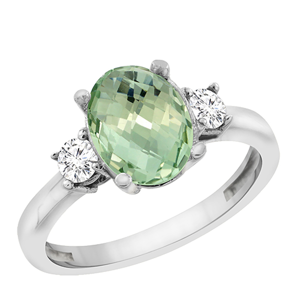14K White Gold Natural Green Amethyst Engagement Ring Oval 10x8 mm Diamond Sides, sizes 5 - 10