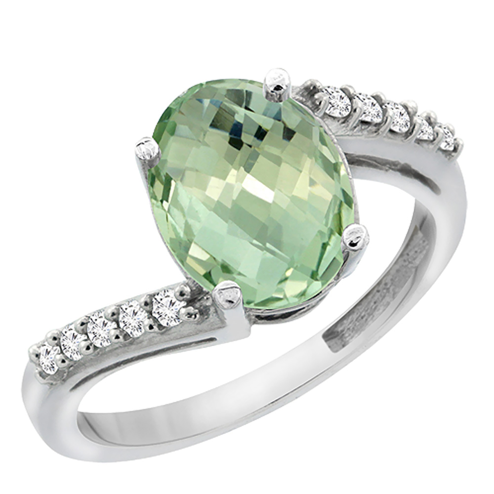 14K White Gold Diamond Natural Green Amethyst Engagement Ring Oval 10x8mm, sizes 5-10