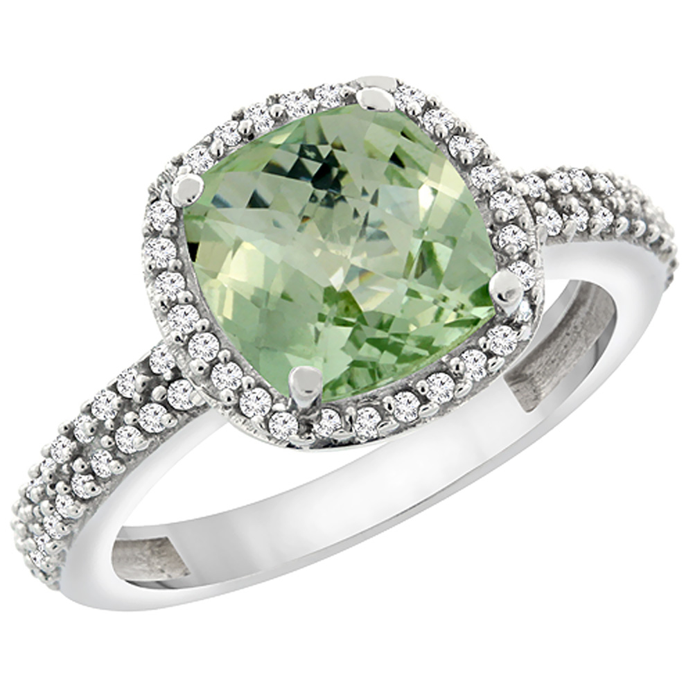 14K White Gold Natural Green Amethyst Cushion 8x8 mm with Diamond Accents, sizes 5 - 10