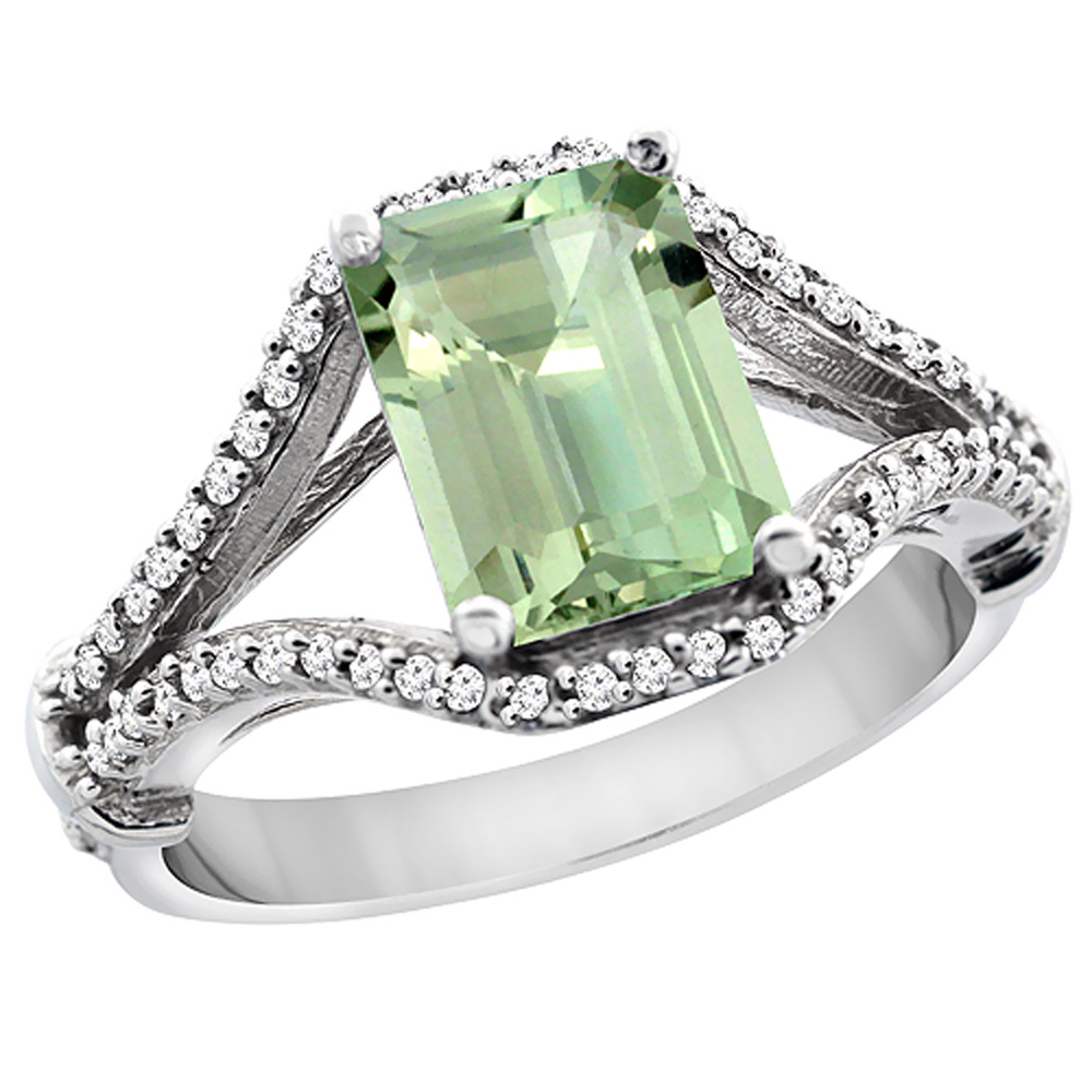 14K White Gold Natural Green Amethyst Ring Octagon 8x6 mm with Diamond Accents, sizes 5 - 10