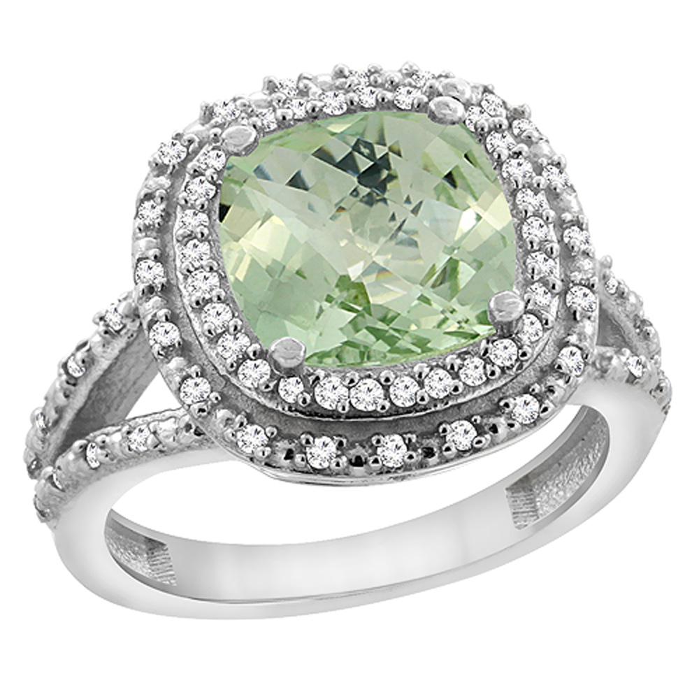 14K White Gold Natural Green Amethyst Ring Cushion 8x8 mm with Diamond Accents, sizes 5 - 10