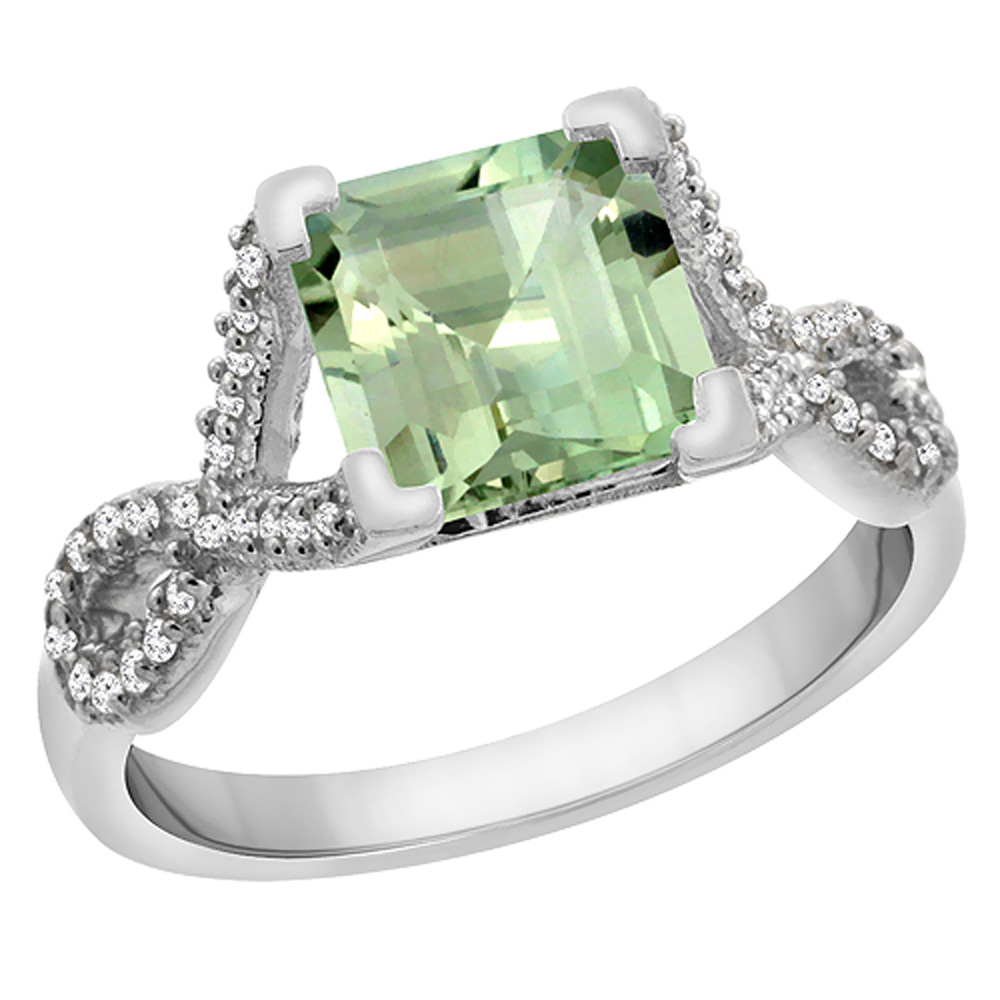 10K White Gold Genuine Green Amethyst Ring Square 7x7 mm Diamond Accents sizes 5 to 10