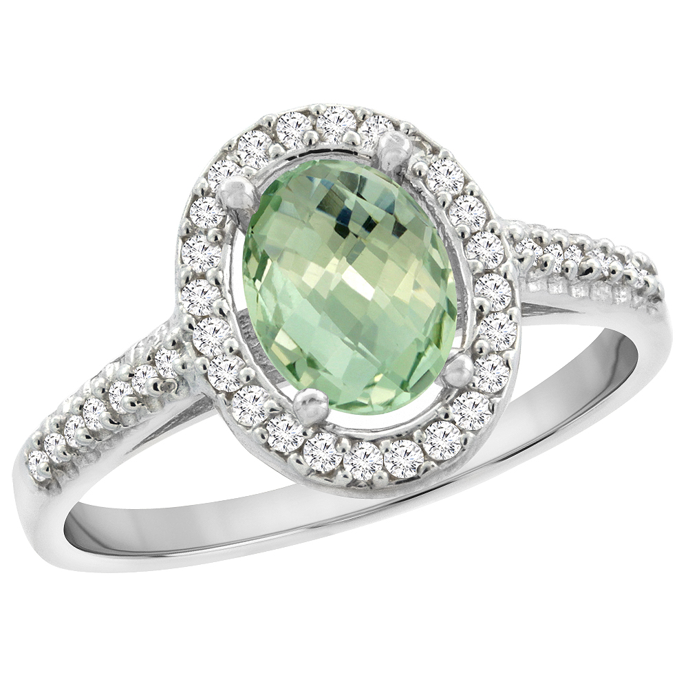 14K White Gold Natural Green Amethyst Engagement Ring Oval 7x5 mm Diamond Halo, sizes 5 - 10