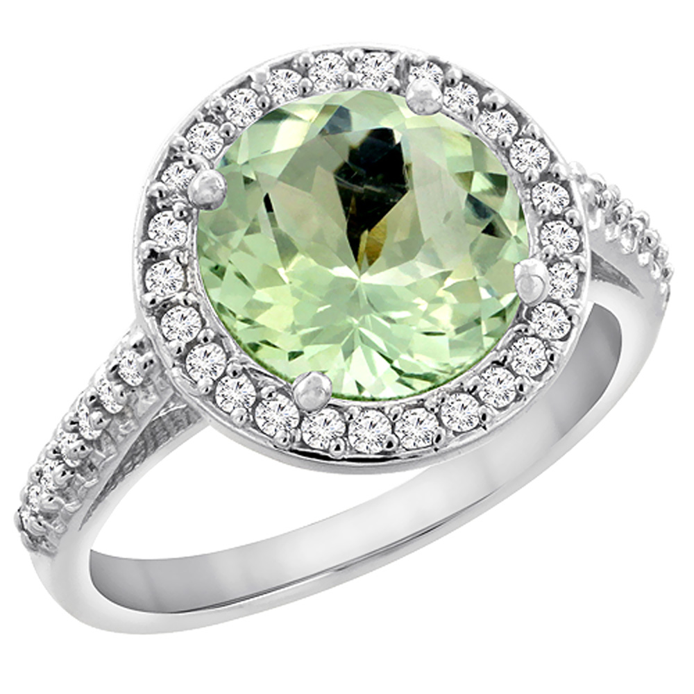 14K White Gold Natural Green Amethyst Ring Round 8mm Diamond Halo, sizes 5 to 10