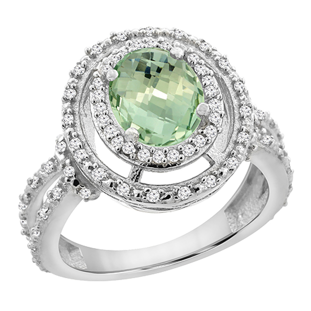 14K White Gold Natural Green Amethyst Ring Oval 8x6 mm Double Halo Diamond, sizes 5 - 10