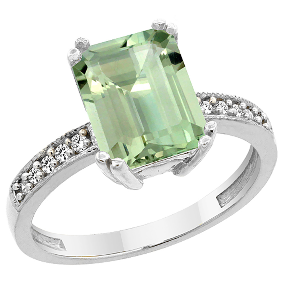 14K White Gold Natural Green Amethyst Ring Octagon 10x8mm Diamond Accent, sizes 5 to 10