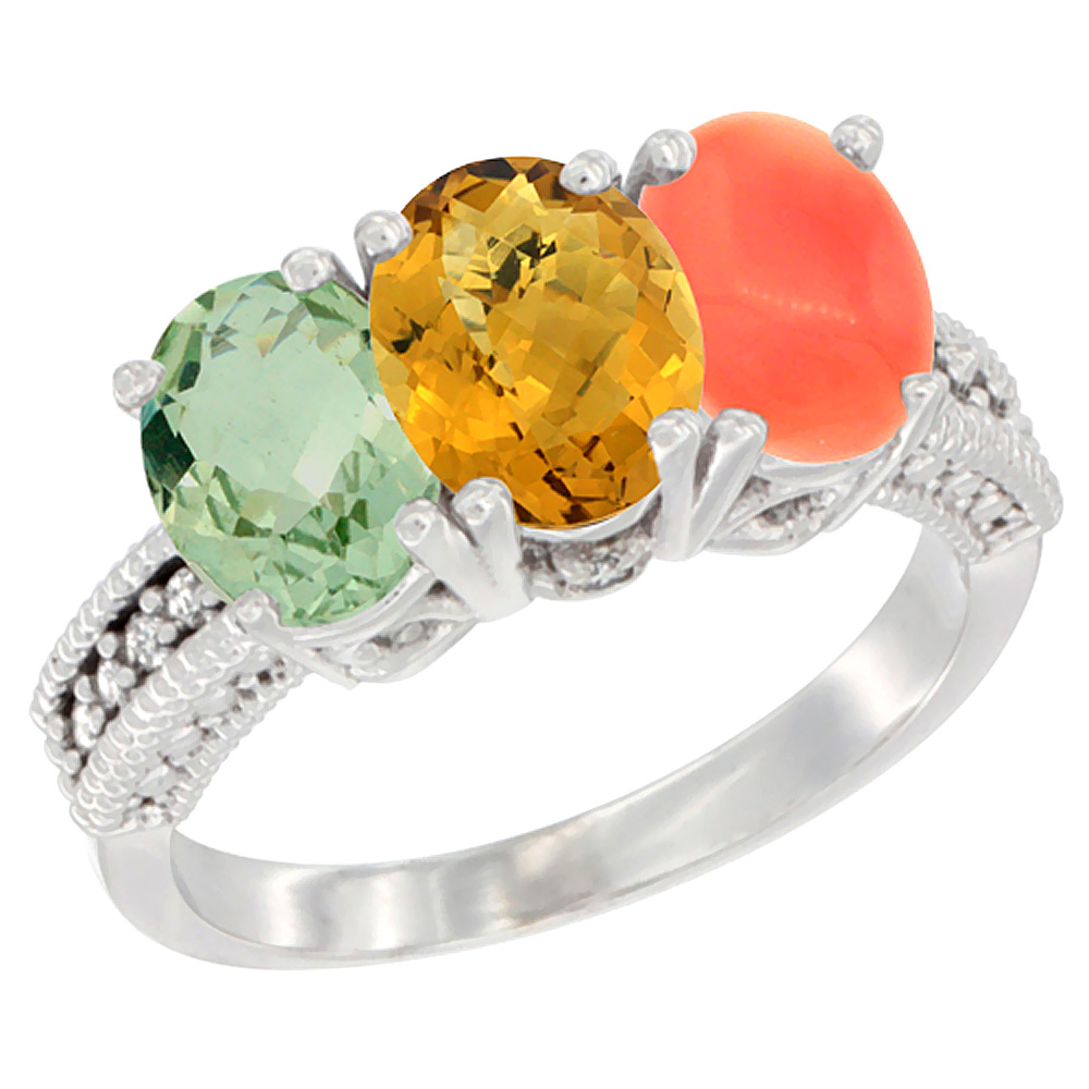 14K White Gold Natural Green Amethyst, Whisky Quartz &amp; Coral Ring 3-Stone 7x5 mm Oval Diamond Accent, sizes 5 - 10