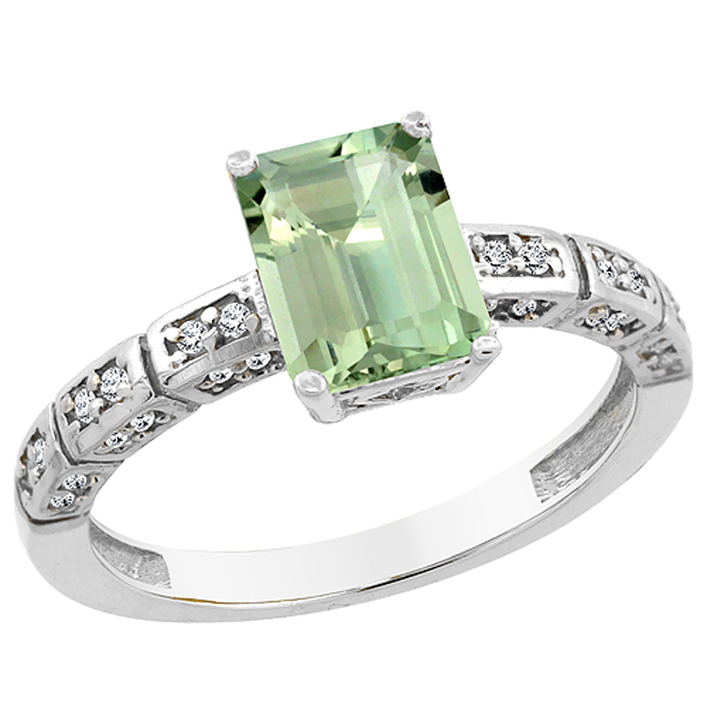 14K White Gold Natural Green Amethyst Octagon 8x6 mm with Diamond Accents, sizes 5 - 10