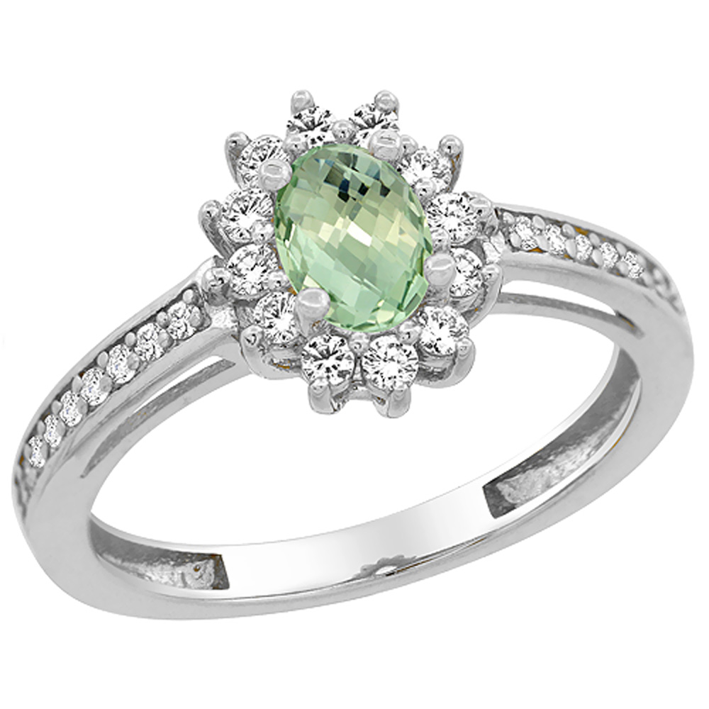 14K White Gold Natural Green Amethyst Flower Halo Ring Oval 6x4mm Diamond Accents, sizes 5 - 10