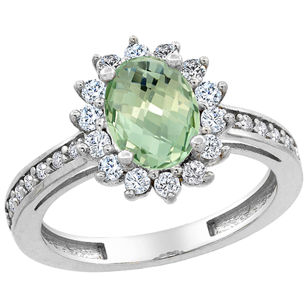 14K White Gold Natural Green Amethyst Floral Halo Ring Oval 8x6mm Diamond Accents, sizes 5 - 10