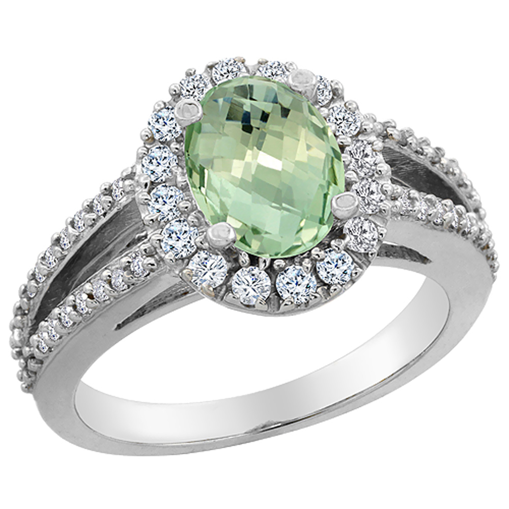14K White Gold Natural Green Amethyst Halo Ring Oval 8x6 mm with Diamond Accents, sizes 5 - 10