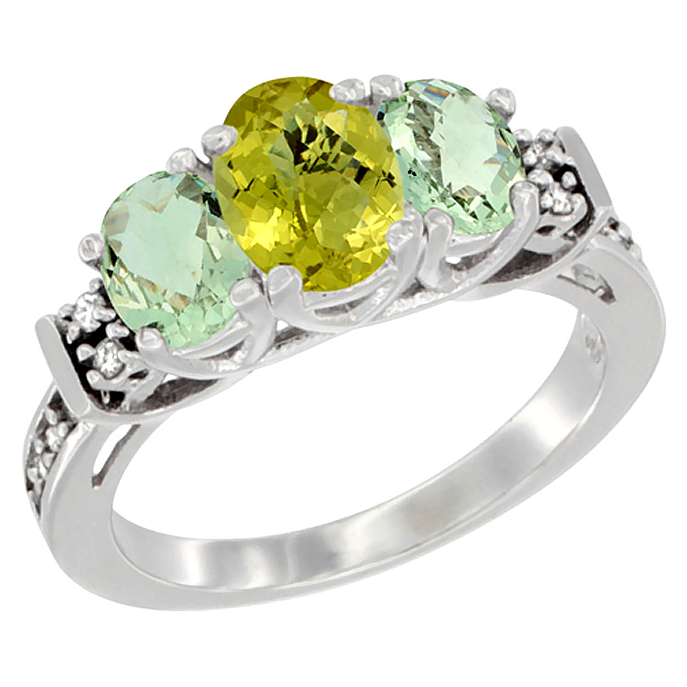 14K White Gold Natural Lemon Quartz & Green Amethyst Ring 3-Stone Oval Diamond Accent, sizes 5-10