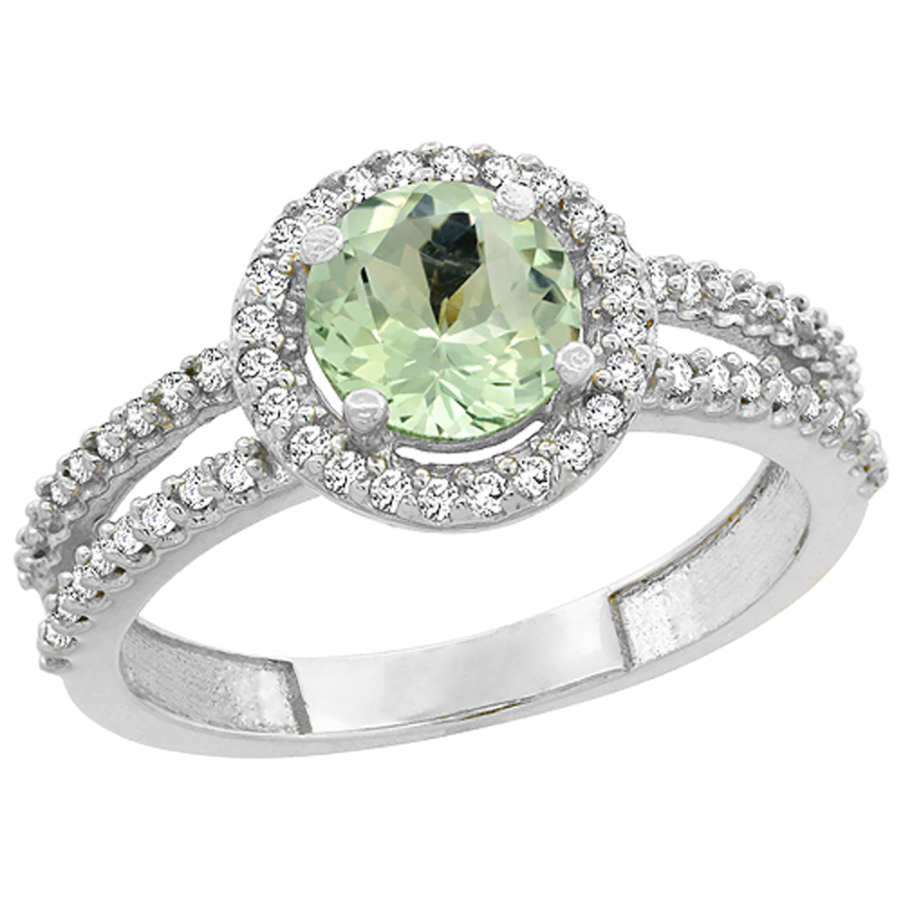 14K White Gold Natural Green Amethyst Diamond Halo Ring Round 6mm, sizes 5 - 10