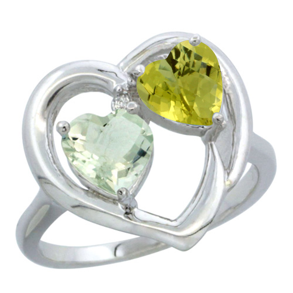 10K White Gold Diamond Two-stone Heart Ring 6mm Natural Green Amethyst & Lemon Quartz, sizes 5-10