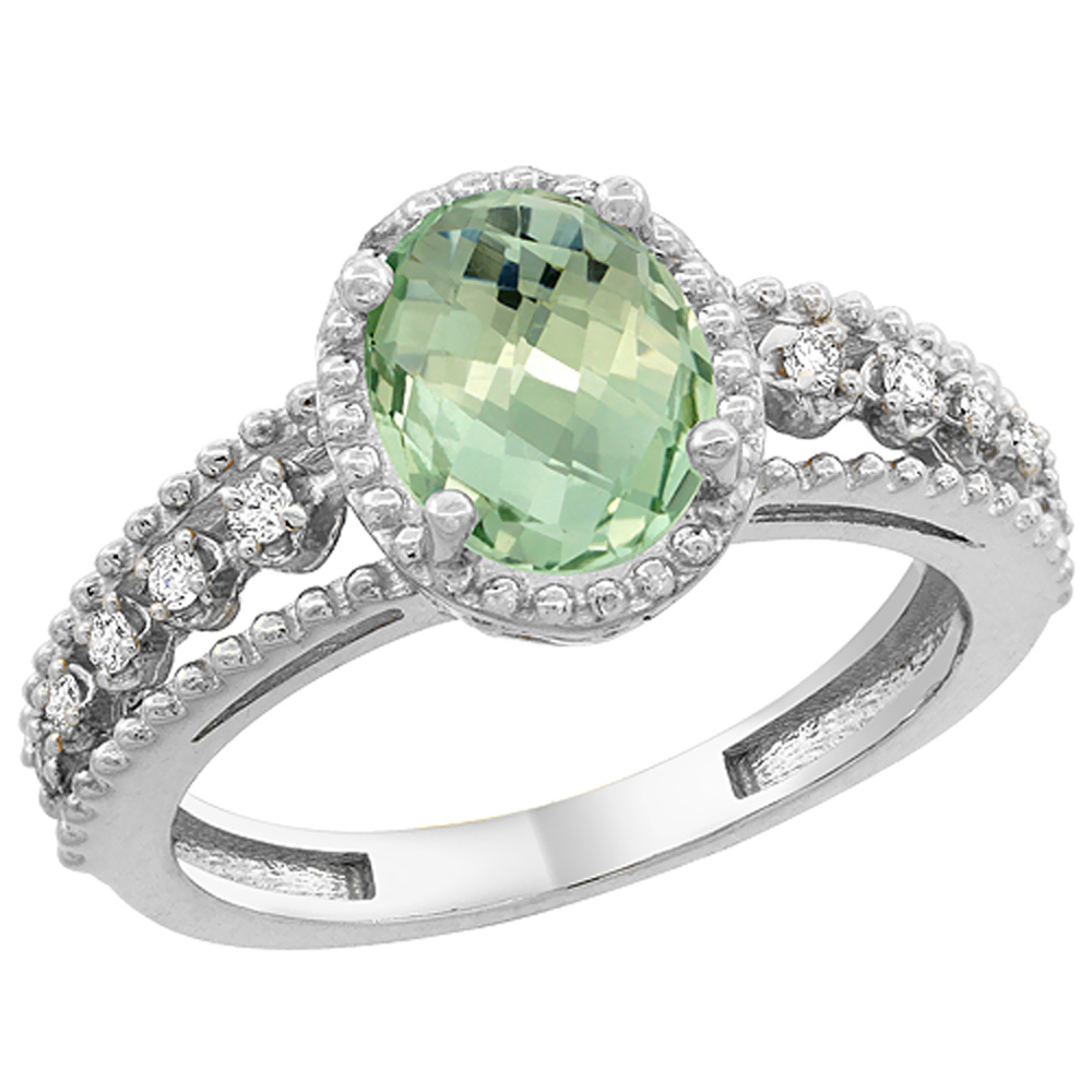 14K White Gold Natural Green Amethyst Ring Oval 9x7 mm Floating Diamond Accents, sizes 5 - 10