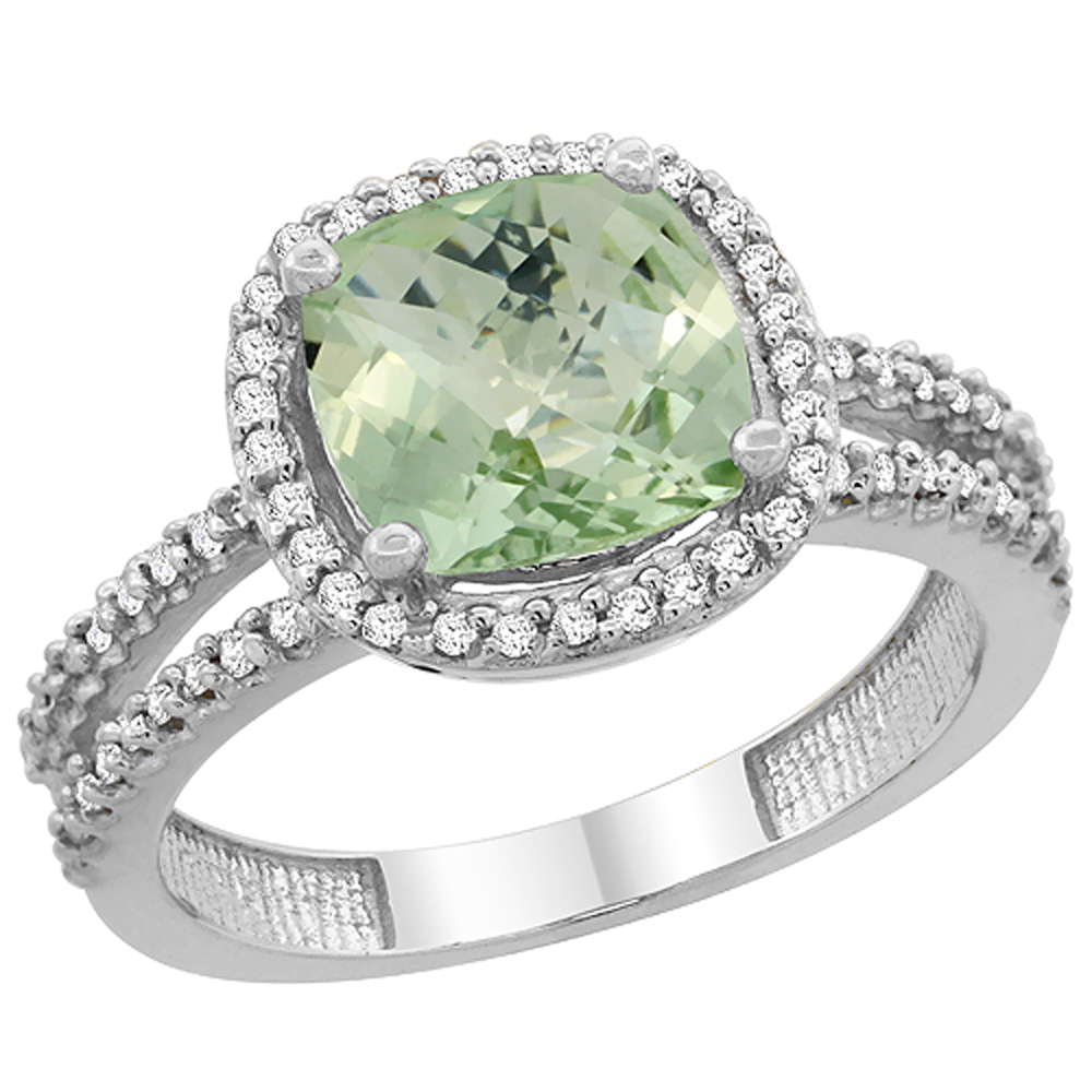 14K White Gold Natural Green Amethyst Ring Cushion-cut 8x8 mm 2-row Diamond Accents, sizes 5 - 10