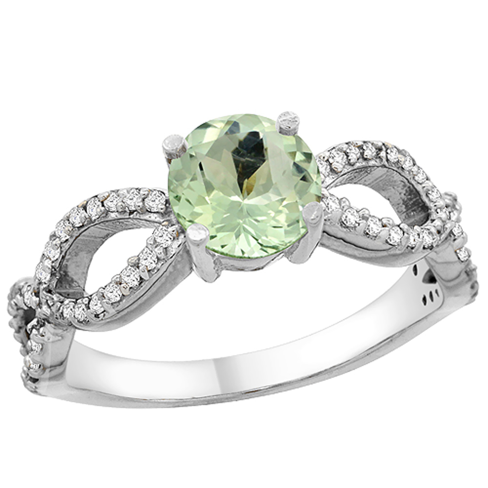 14K White Gold Natural Green Amethyst Ring Round 6mm Infinity Diamond Accents, sizes 5 - 10