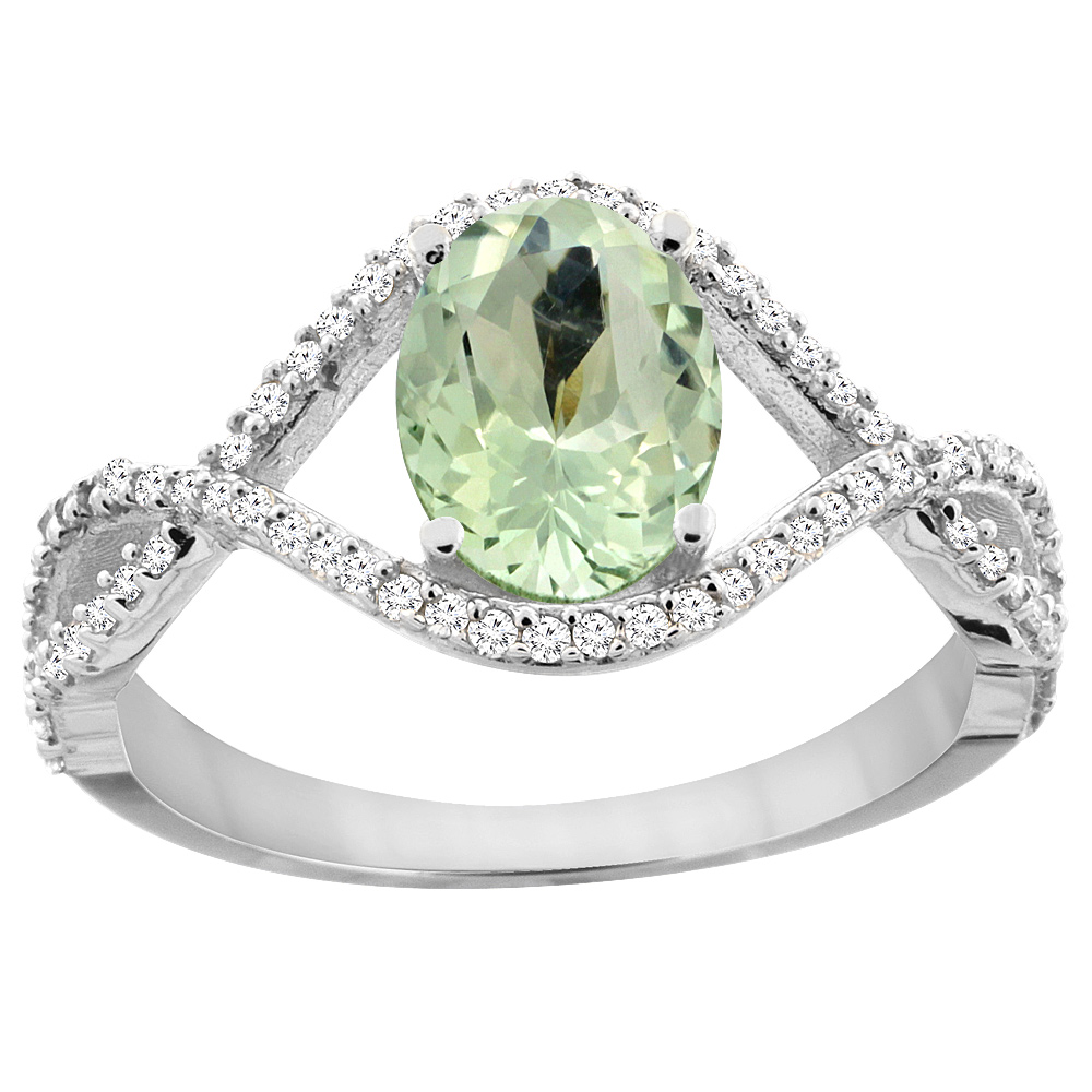 14K White Gold Natural Green Amethyst Ring Oval 8x6 mm Infinity Diamond Accents, sizes 5 - 10