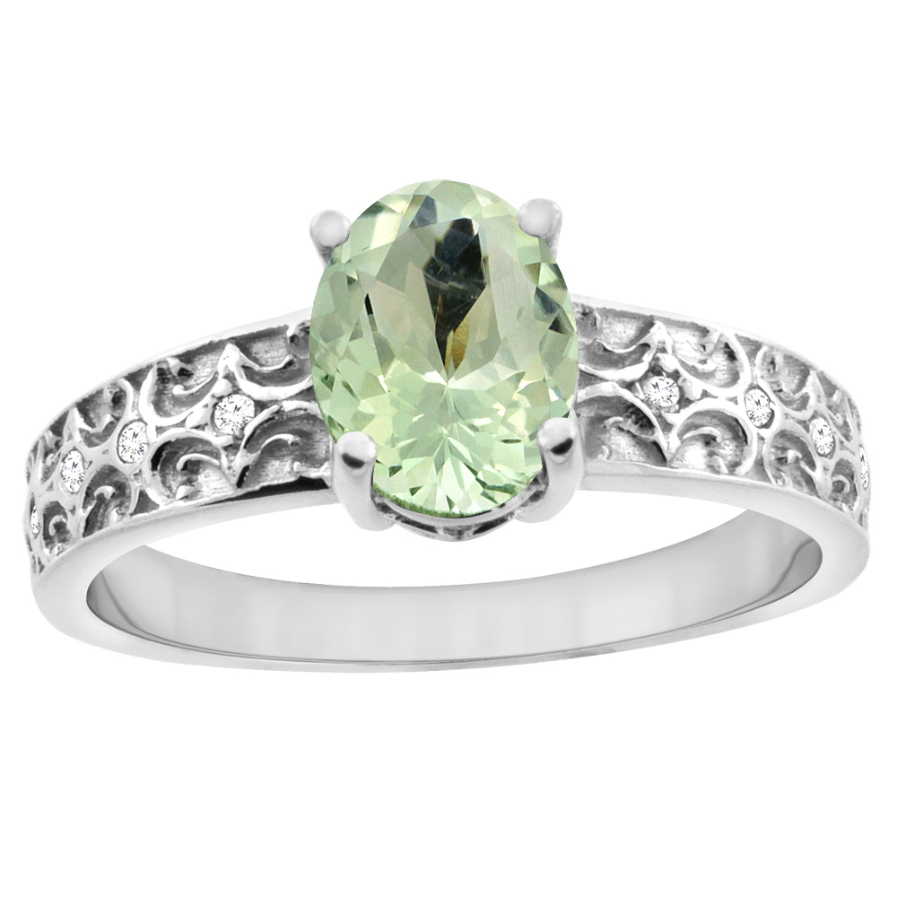14K White Gold Natural Green Amethyst Ring Oval 8x6 mm Diamond Accents, sizes 5 - 10