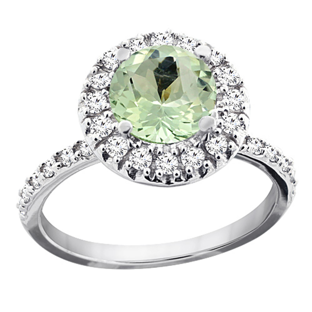 14K White Gold Natural Green Amethyst Ring Round 8mm Floating Halo Diamond, sizes 5 - 10