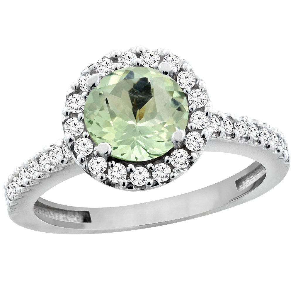 14K White Gold Natural Green Amethyst Ring Round 6mm Floating Halo Diamond, sizes 5 - 10